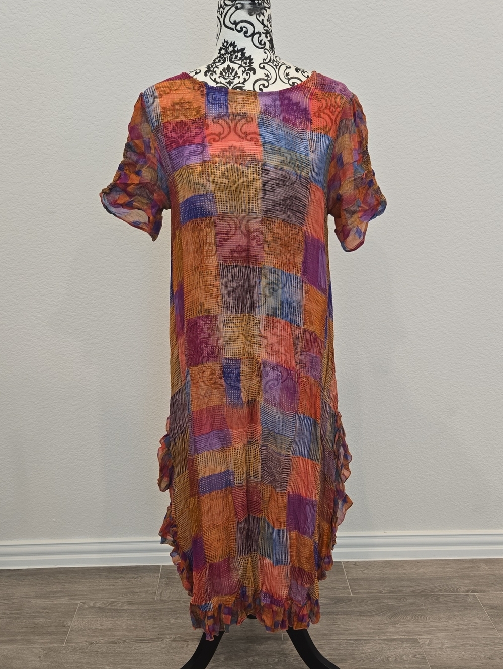 Women’s Multicolor Patchwork Short-Sleeve Dress - Orange/Pink/Purple